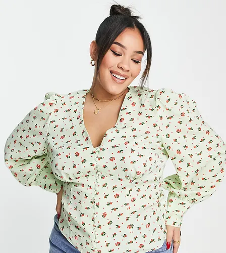 Glamorous Curve v neck button front blouse in mint berry print-Multi