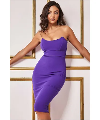 Goddiva Womens Bandeau Scuba Midi Dress - Purple