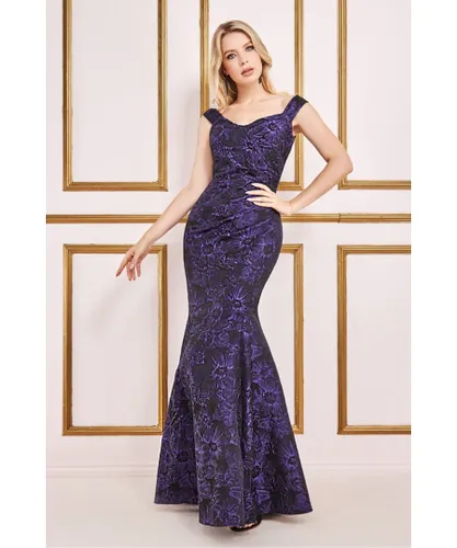 Goddiva Womens Bardot Jacquard Maxi Dress - Purple