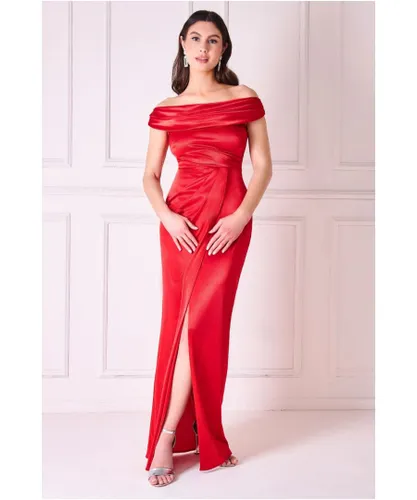 Goddiva Womens Cowl Bardot Satin Twill Maxi Dress - Red