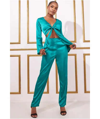 Goddiva Womens Cut Out Satin Jumpsuit - Emerald