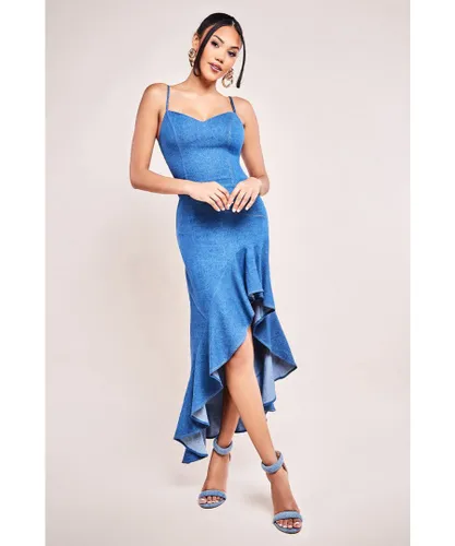 Goddiva Womens Denim Asymmetric Frill Maxi Dress - Blue