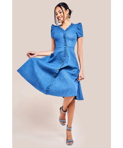 Goddiva Womens Denim Front Frill Flared Midi Dress - Blue