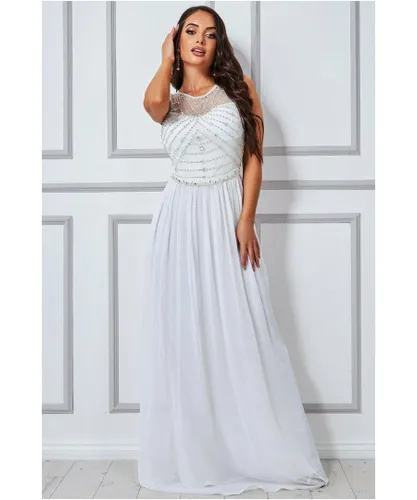 Goddiva Womens Embellished Chiffon Maxi Wedding Dress - Cream Sequin
