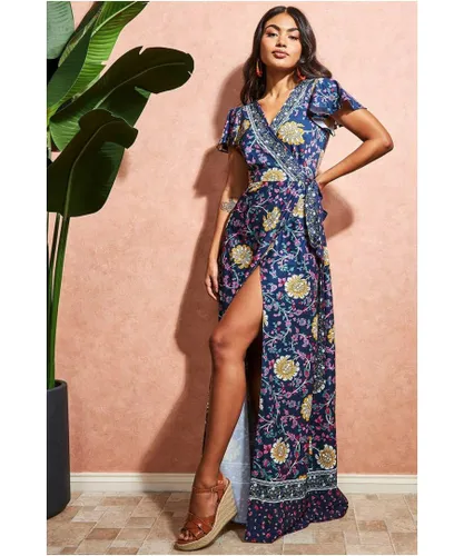Goddiva Womens Floral Print Maxi With Flutter Sleeves - Navy