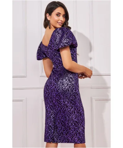 Goddiva Womens Foil Jacquard Puff Sleeve Midi - Purple
