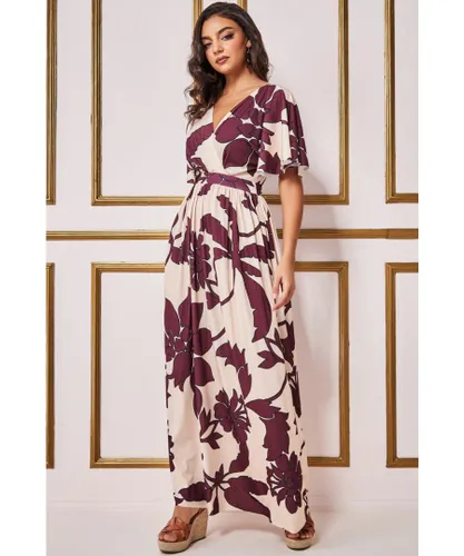 Goddiva Womens Leaf Print Flutter Sleeve Maxi Dress - Cream