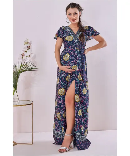 Goddiva Womens Maternity Floral Print Maxi Navy