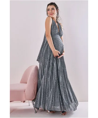 Goddiva Womens Maternity Halter Sequin Lurex Maxi Silver