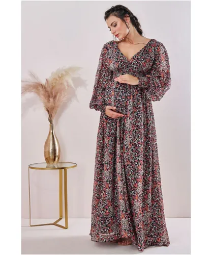 Goddiva Womens Maternity Long Sleeve Maxi Floral Print