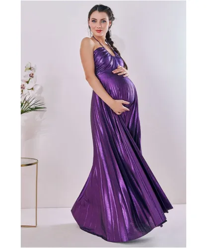 Goddiva Womens Maternity Pleated Foil Tie Back Maxi Purple