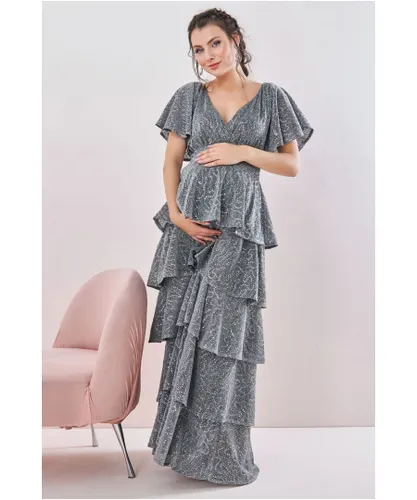 Goddiva Womens Maternity Sequin Lurex Tiered Maxi Silver