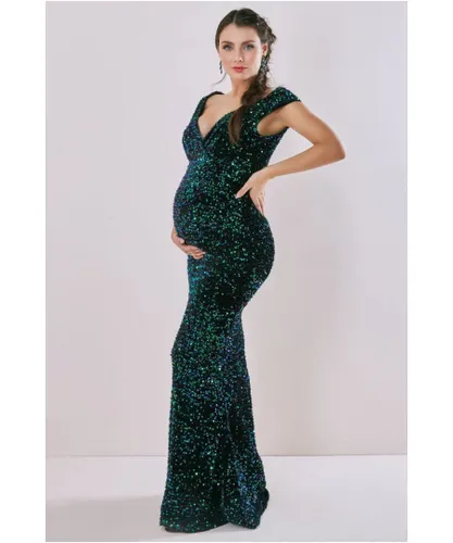 Goddiva Womens Maternity Sequin & Velvet Bardot Maxi - Emerald