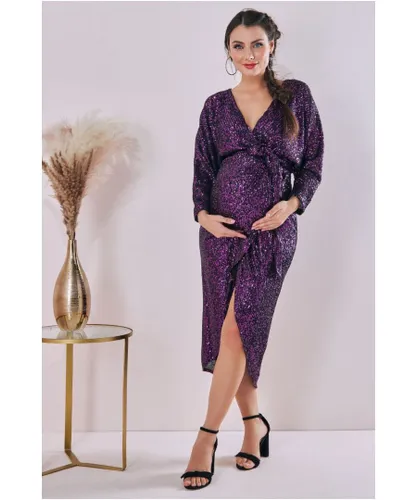 Goddiva Womens Maternity Wrap Sequin Midi Purple