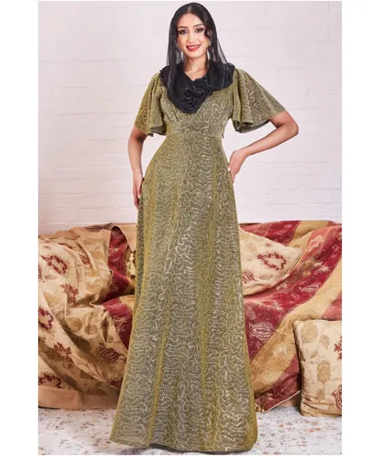 Goddiva Womens Modesty Lurex Flutter Sleeve Maxi - Gold
