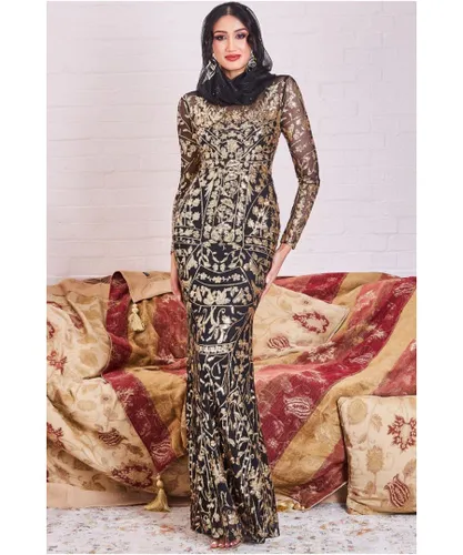 Goddiva Womens Modesty Sequin Embroidered Maxi Dress - Gold