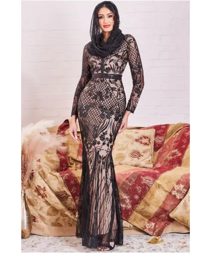 Goddiva Womens Modesty Sequin Evening Maxi Dress - Black
