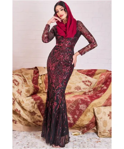 Goddiva Womens Modesty Sequin Evening Maxi Dress - Wine