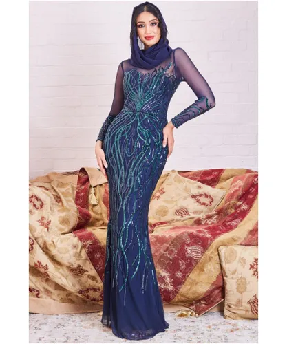 Goddiva Womens Modesty Sequin Flame Maxi Dress - Navy