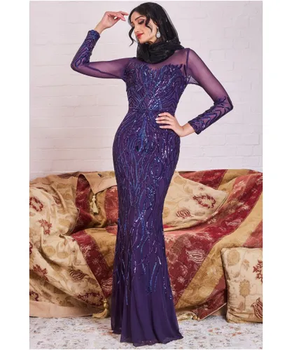 Goddiva Womens Modesty Sequin Flame Maxi Dress - Purple