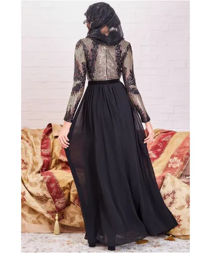 Goddiva Womens Modesty Sequin Mesh Bodice Maxi Dress - Black