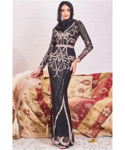 Goddiva Womens Modesty Sequin & Mesh Maxi Dress - Black