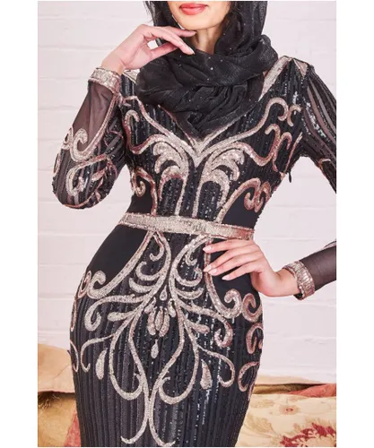 Goddiva Womens Modesty Sequin & Mesh Maxi Dress - Black