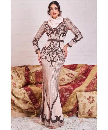 Goddiva Womens Modesty Sequin & Mesh Maxi Dress - Gold