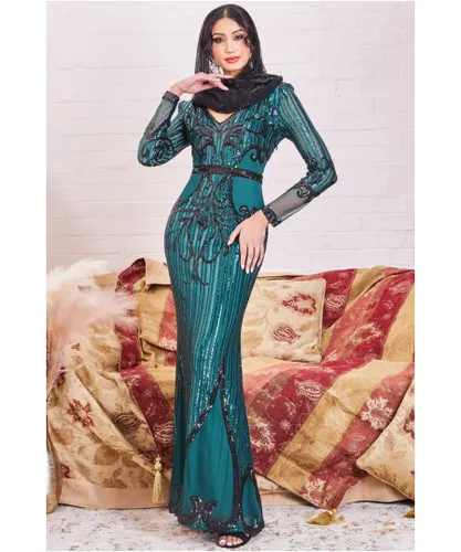 Goddiva Womens Modesty Sequin & Mesh Maxi Dress - Green
