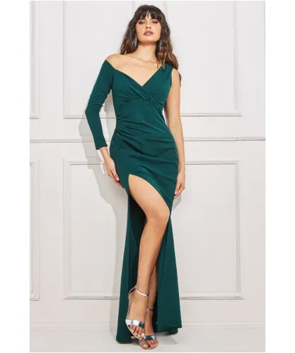 Goddiva Womens One Shoulder Front Split Scuba Maxi - Emerald