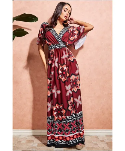 Goddiva Womens Printed Flutter Sleeve Maxi Dress - Brown