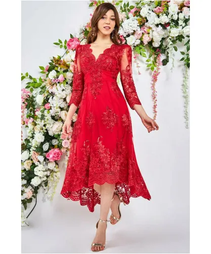 Goddiva Womens Scalloped Lace High Low Midi Dress - Red