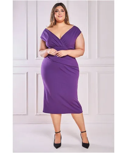 Goddiva Womens Scuba Bardot Pleated Midi Dress - Purple