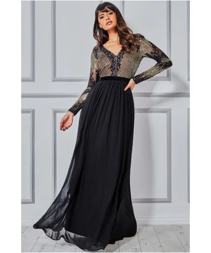 Goddiva Womens Sequin Mesh Bodice Maxi Dress - Black