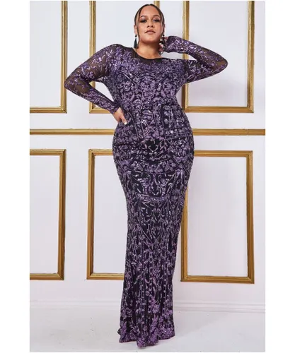 Goddiva Womens Sequin Mesh Embroidered Maxi Dress - Purple