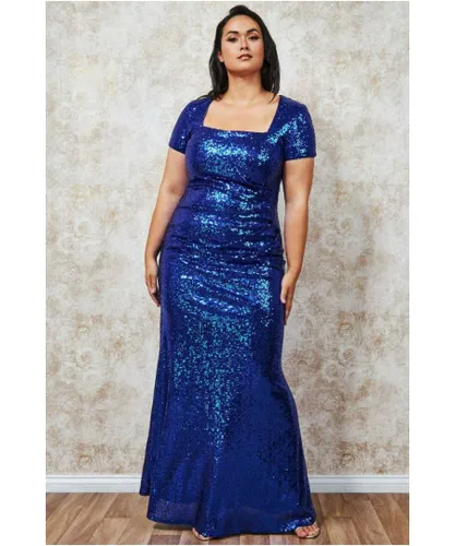 Goddiva Womens Sequin Portrait Neckline Maxi Dress - Blue