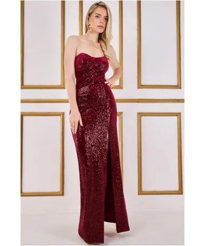 Goddiva Womens Sequin Velvet Bandeau Maxi Dress - Wine