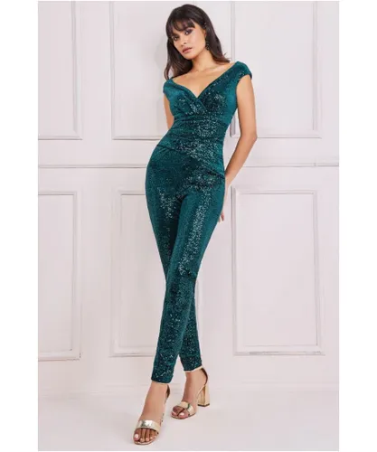 Goddiva Womens Sequin Velvet Bardot Jumpsuit - Emerald