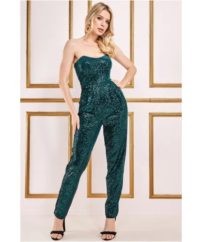 Goddiva Womens Sequin & Velvet Corset Jumpsuit - Emerald