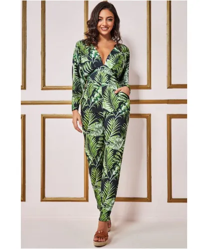 Goddiva Womens Tropical Print Jumpsuit - Green