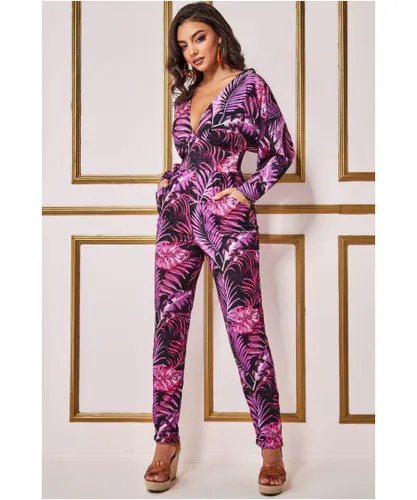 Goddiva Womens Tropical Print Jumpsuit - Purple