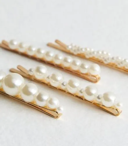 Gold 4 Pack Faux Pearl Slide Hair Clips New Look