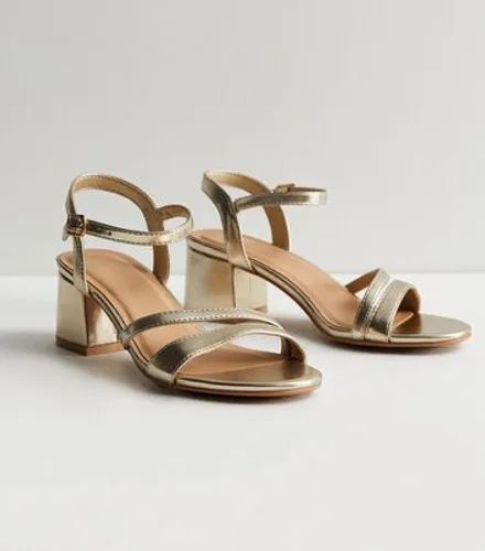 Gold Asymmetric Low Block Heel Sandals New Look