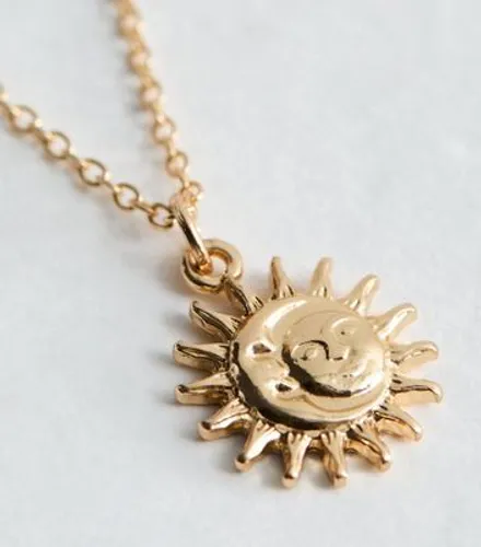Gold Beaded Layered Sun Pendant Necklace New Look