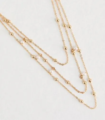 Gold Faux Pearl Layered Chain Necklace New Look