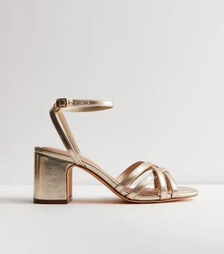 Gold Leather-Look Strappy Block Heel Sandals New Look