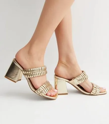 Gold Plaited Double Strap Mid Block Heel Mule Sandals New Look