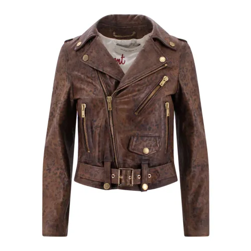 Golden Goose , Brown Leather Biker Jacket with Leopard Print ,Brown female, Sizes: