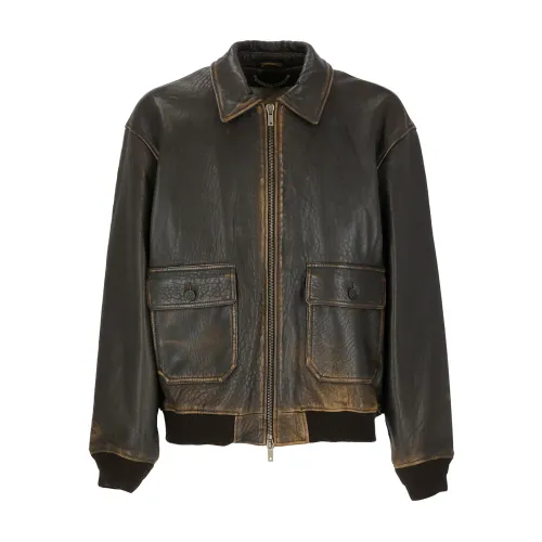 Golden Goose , Brown Leather Jacket with Metallic Star Logo ,Brown male, Sizes: