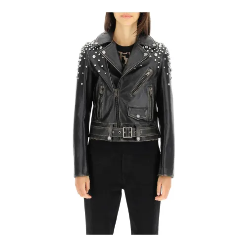 Golden Goose , Crystalized Leather Biker Jacket ,Black female, Sizes:
